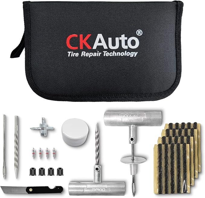 CKAuto Universal Tire Repair Kit, Heavy Duty Car Emergency Tool Kit for Flat Tire Puncture Repair