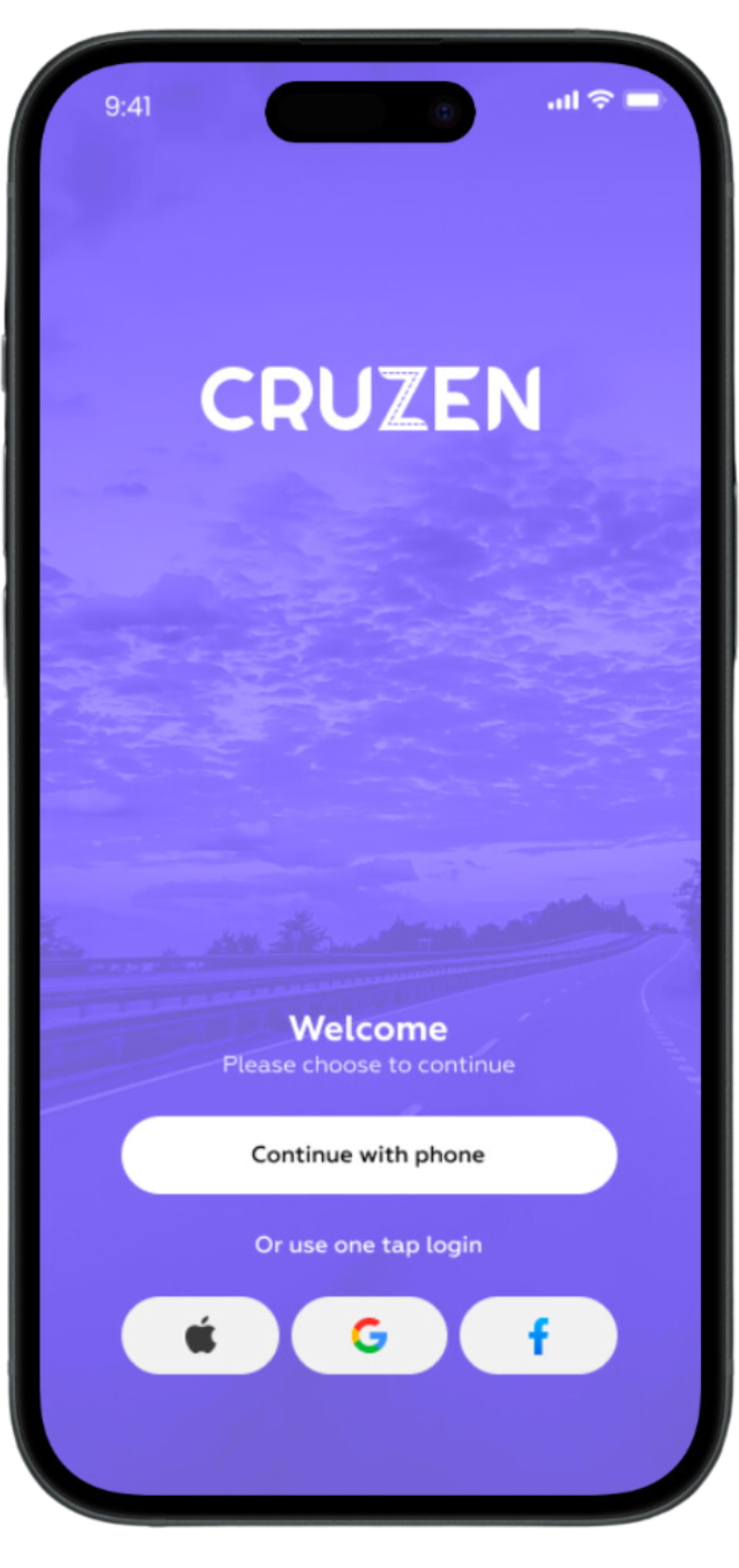 CruZen App Home screen and sign in